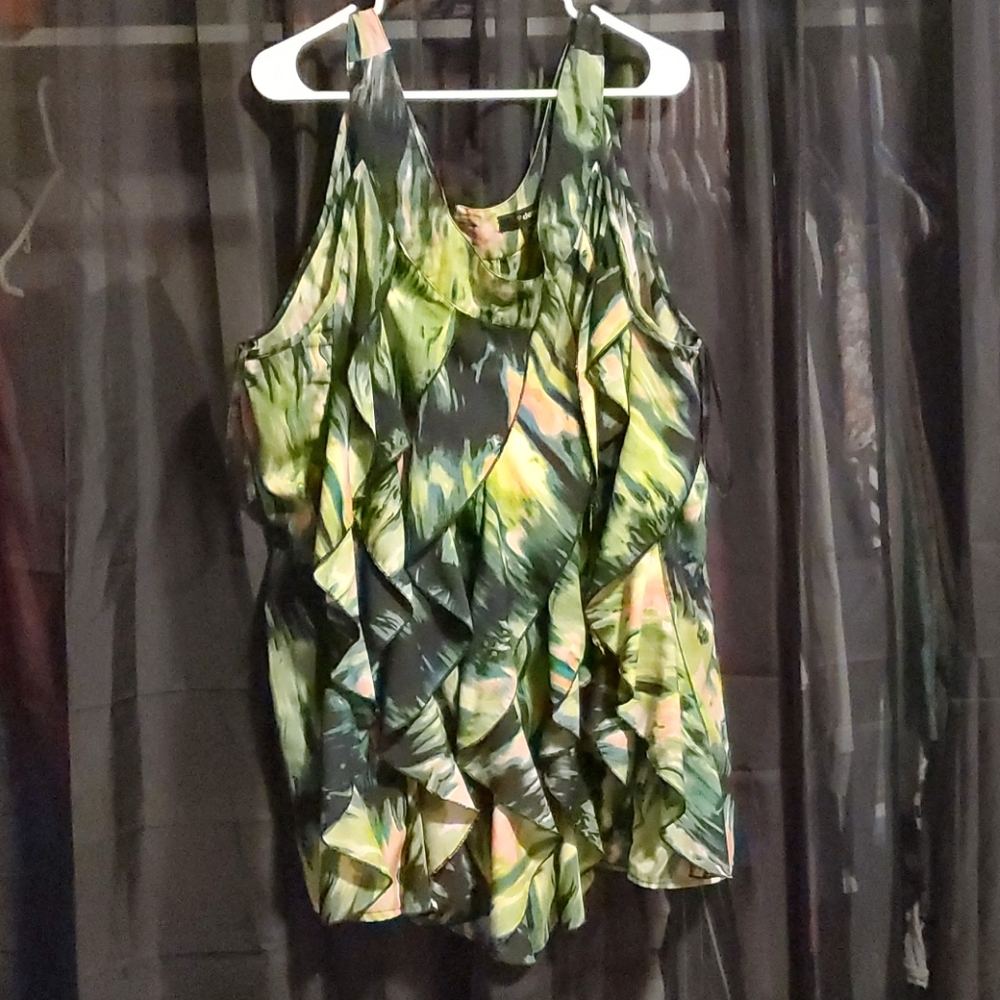 Green and pink ruffled tank top.